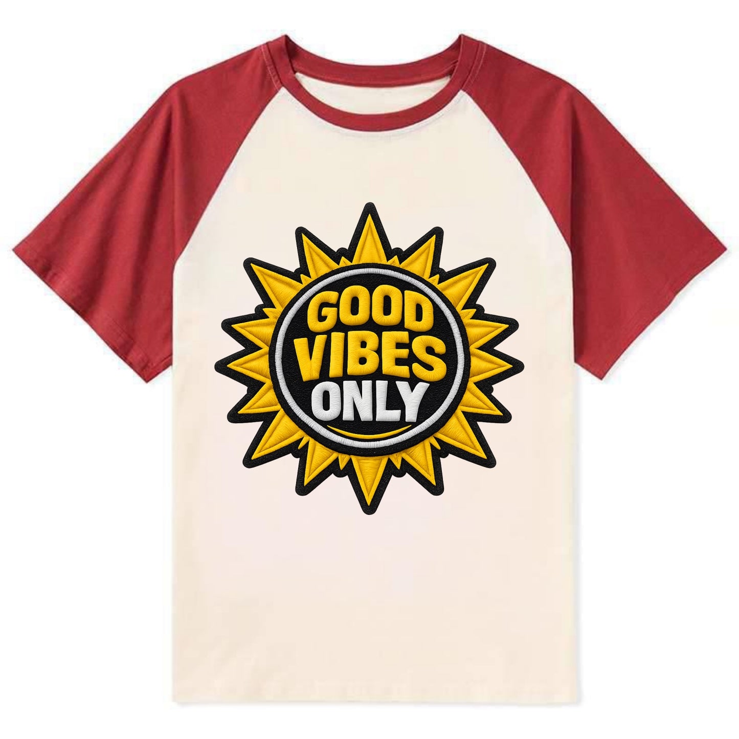 GOOD VIBES ONLY - sun with text in yellow , positive energy - Contrast Raglan T-shirt - Red