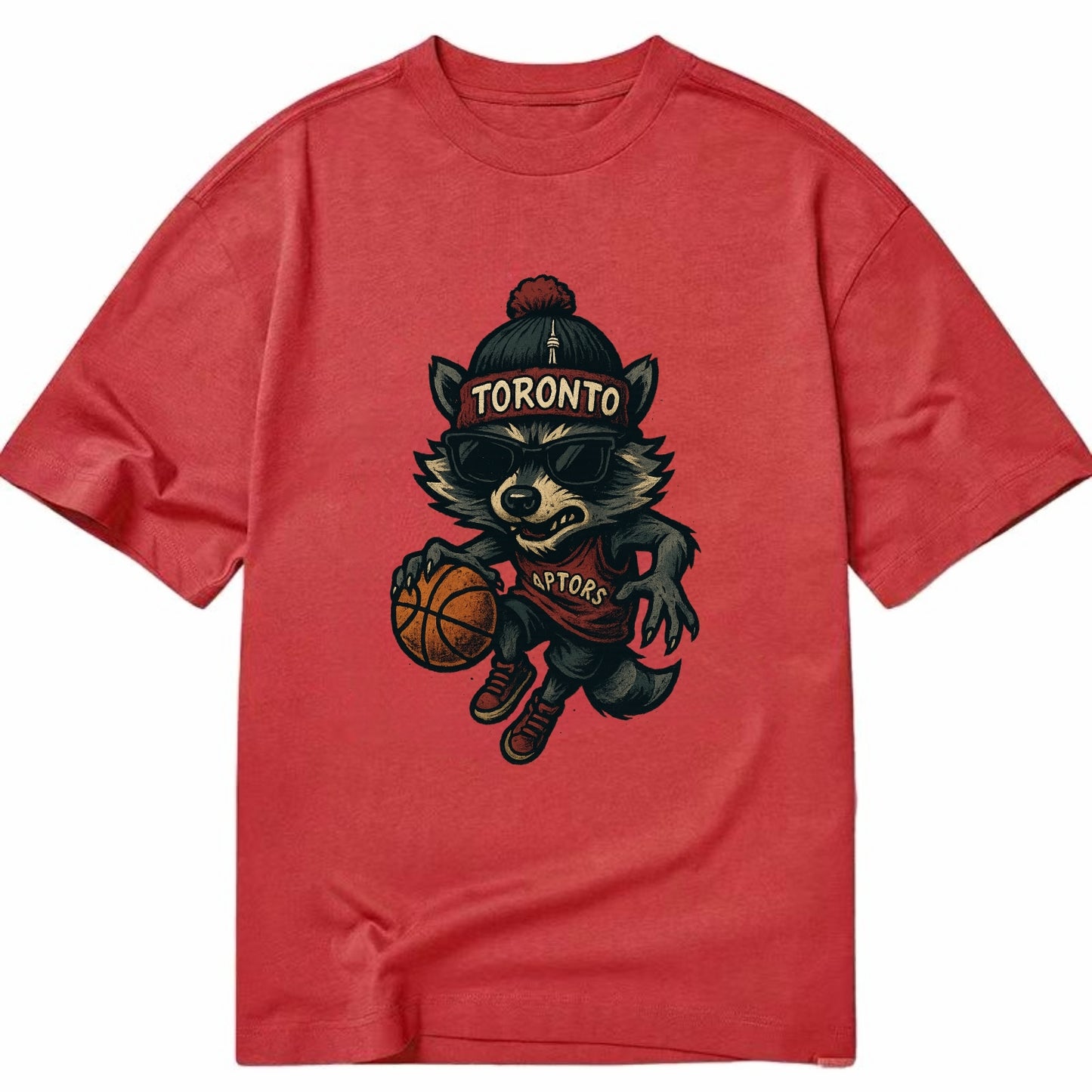 Toronto Raccoon wearing Raptors beanie with CN Tower patch and wayfarer sunglasses - Classic T-shirt - Red
