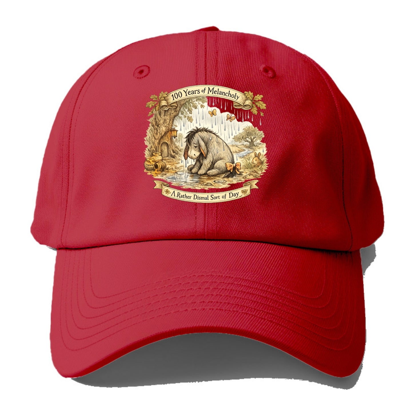 GLOOMY GLEN | Droopy figure in rain | Tattered tail bow | Pessimistic poetry | - Baseball Cap - Red