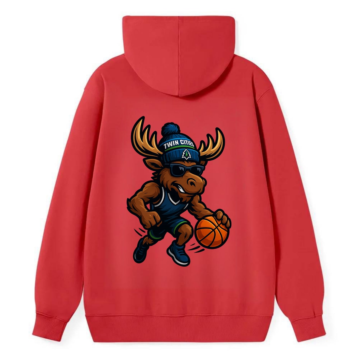 Twin Cities Moose wearing Timberwolves beanie with pine tree patch and - Classic Pullover Hoodie - Red