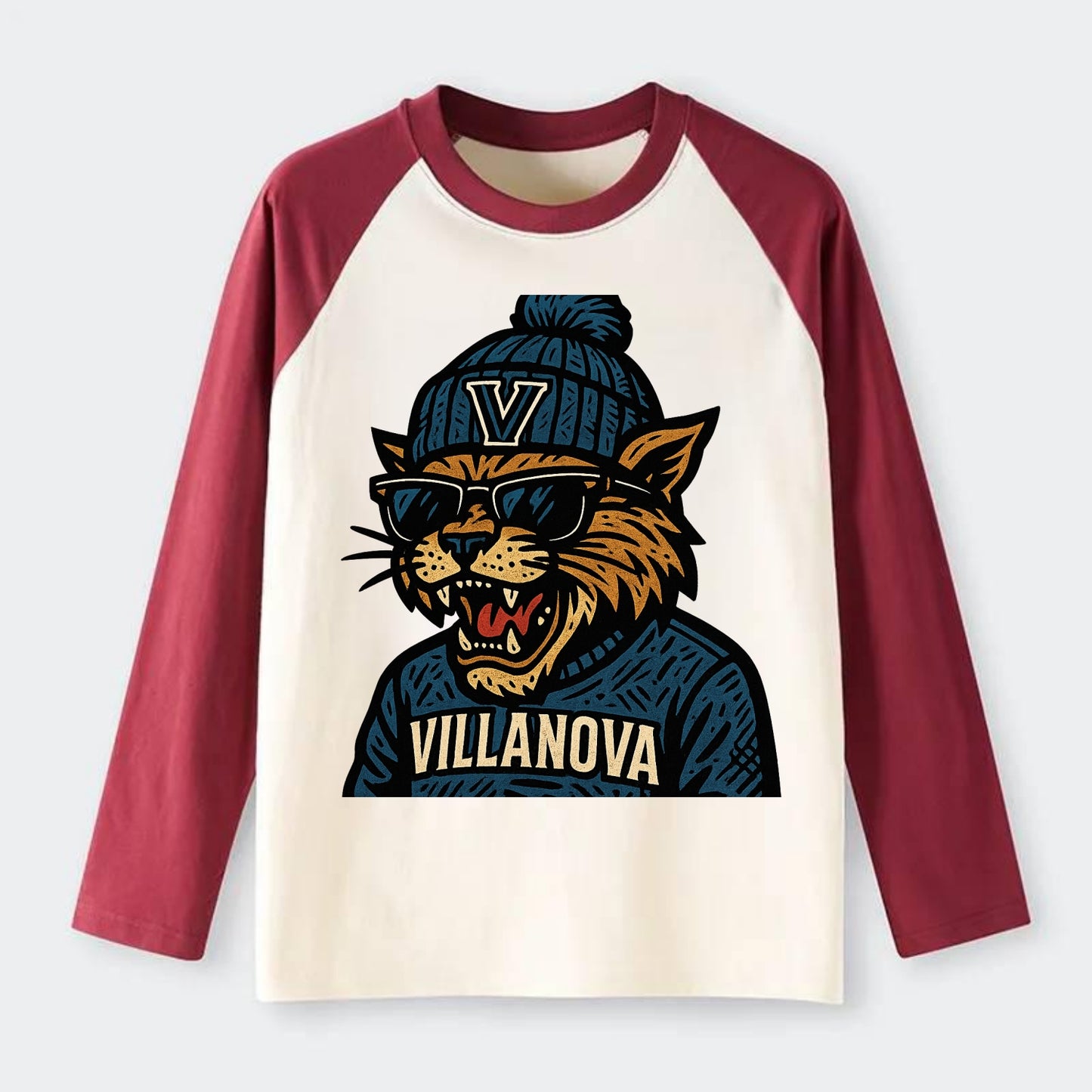 Villanova Wildcat wearing Villanova beanie with V patch - Raglan Long Sleeve T-Shirt - Red
