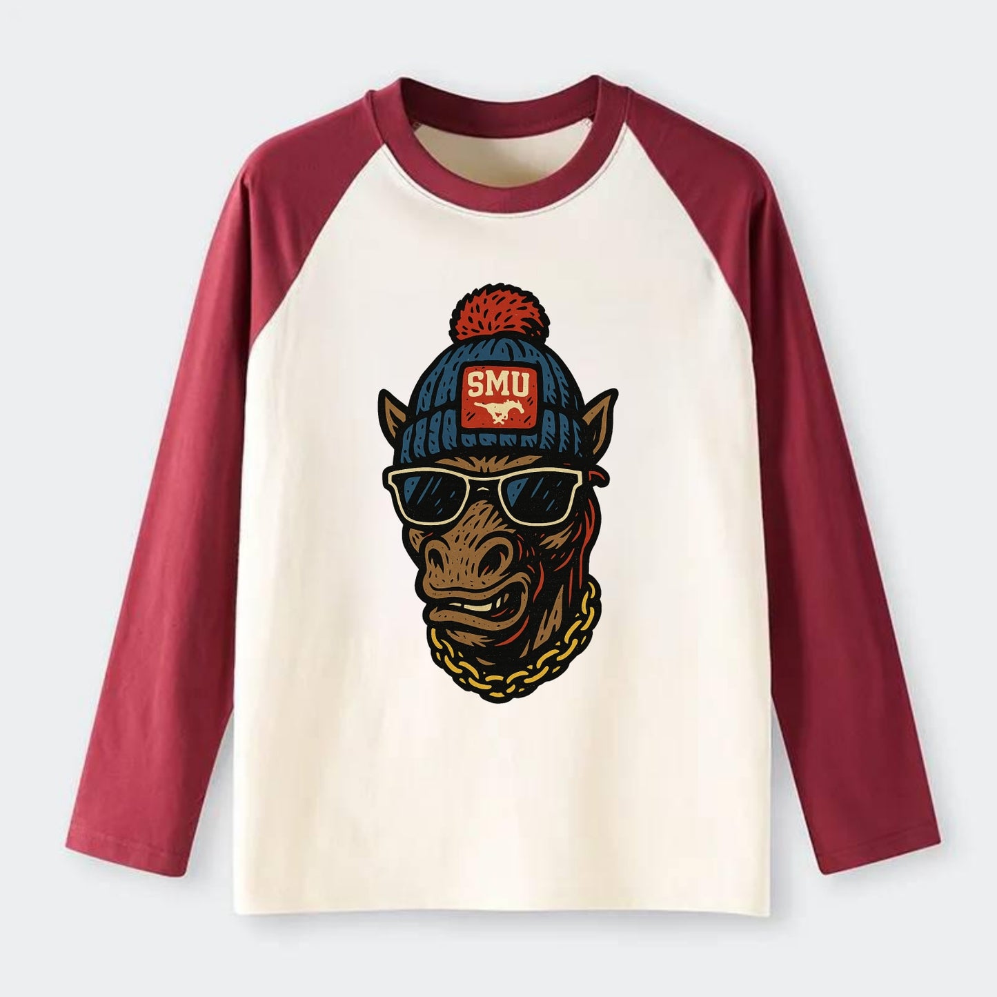Dallas Mustang wearing SMU beanie with pony patch - Raglan Long Sleeve T-Shirt - Red