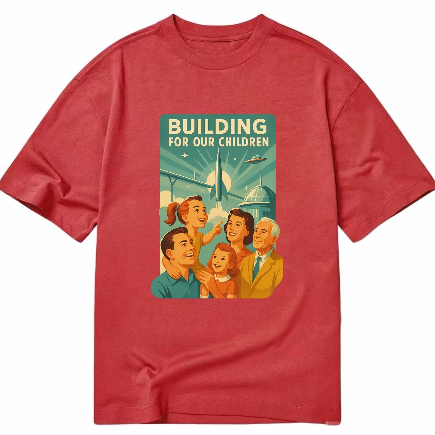 Multiple generations celebrating progress together - "Building for Our Children" - Classic T-shirt - Red