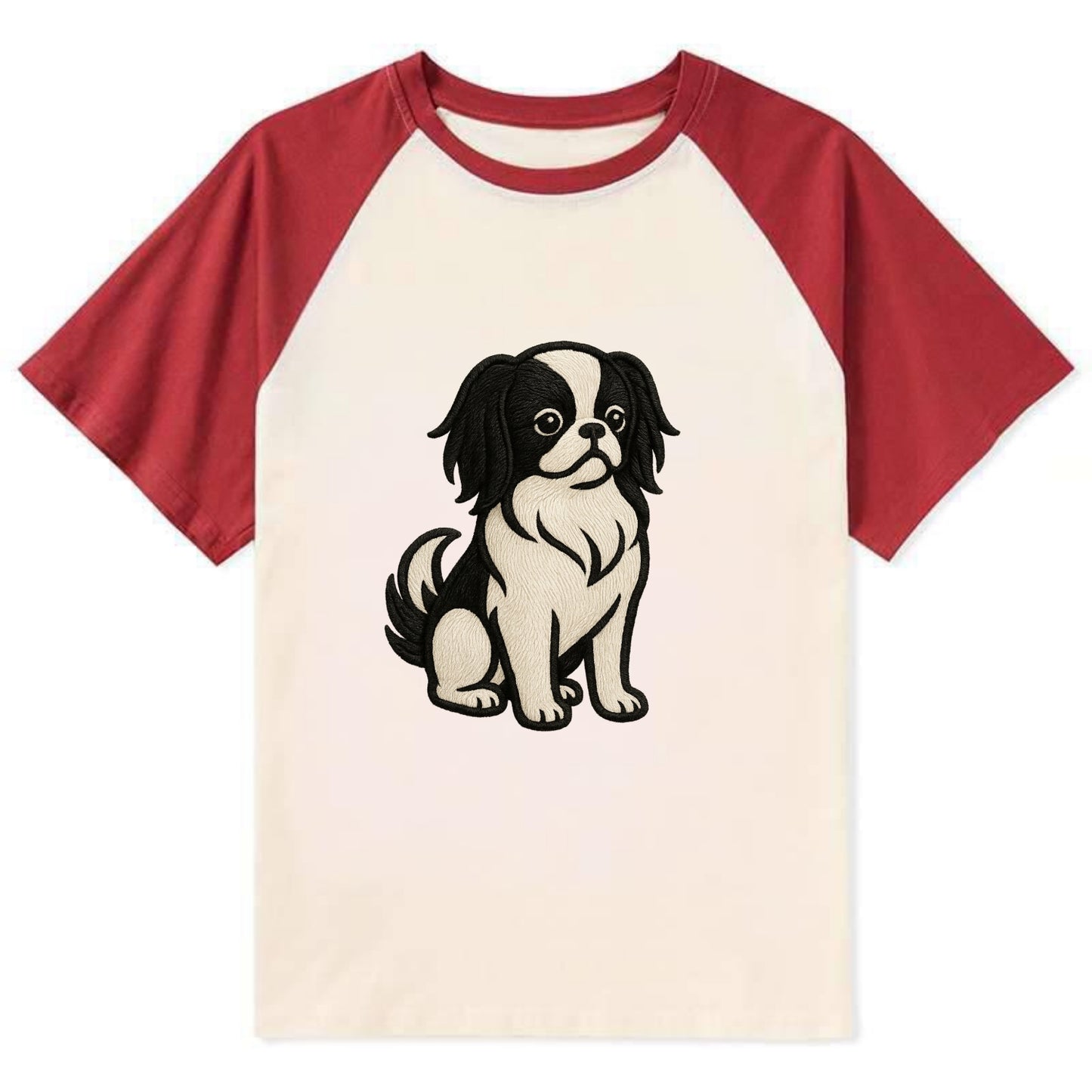 Japanese Chin - Black and white sitting Contrast Raglan T-shirt - Red