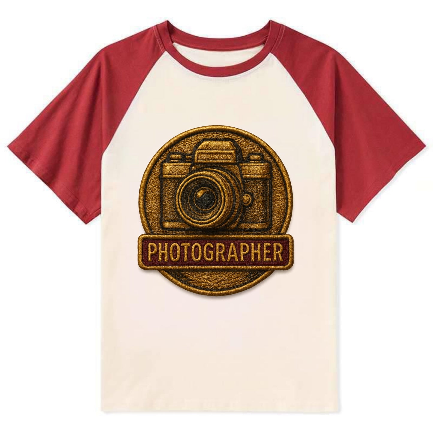 Camera with vintage lens - photographer badge - Contrast Raglan T-shirt - Red