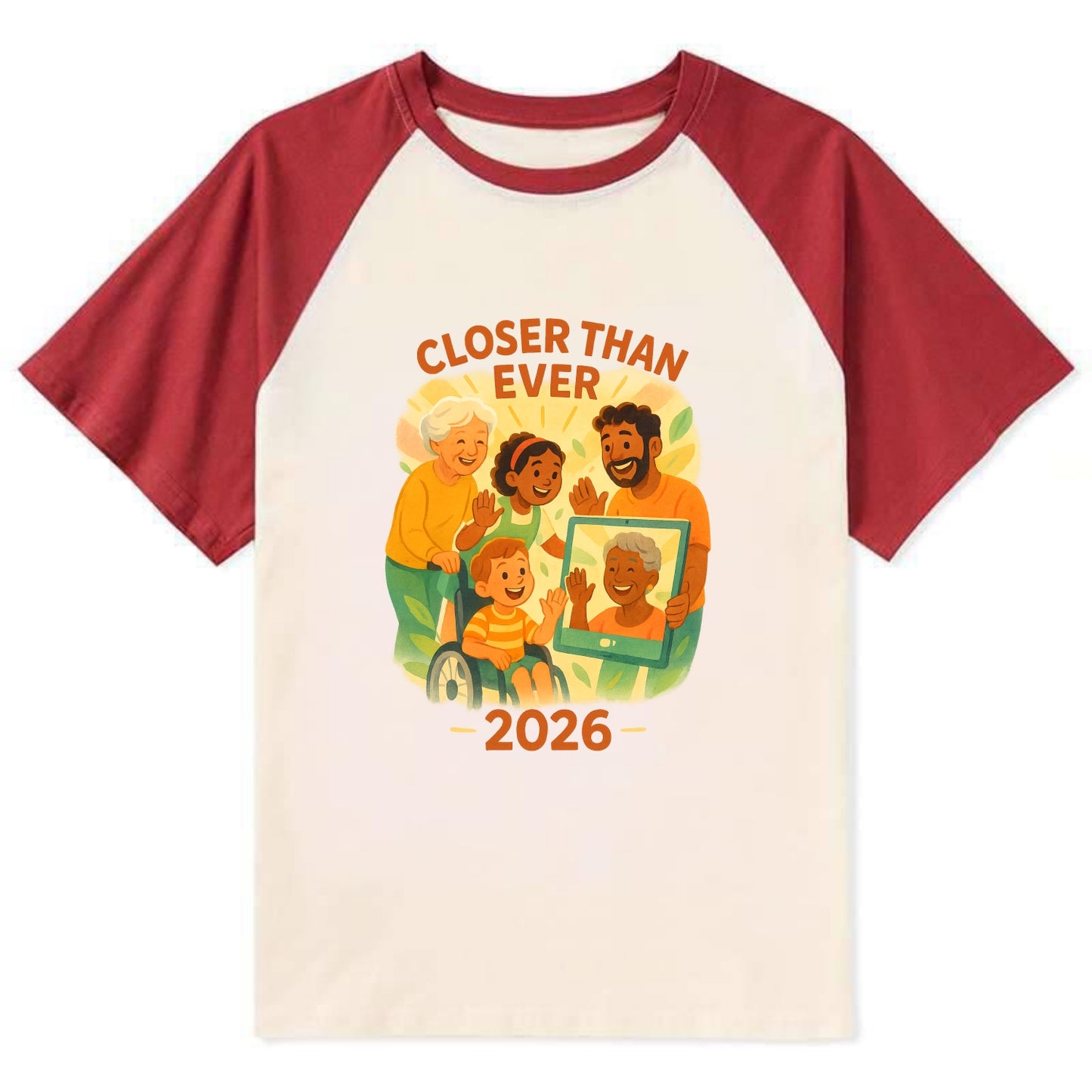 Technology bringing distant families together - "Closer Than Ever" - - Contrast Raglan T-shirt - Red