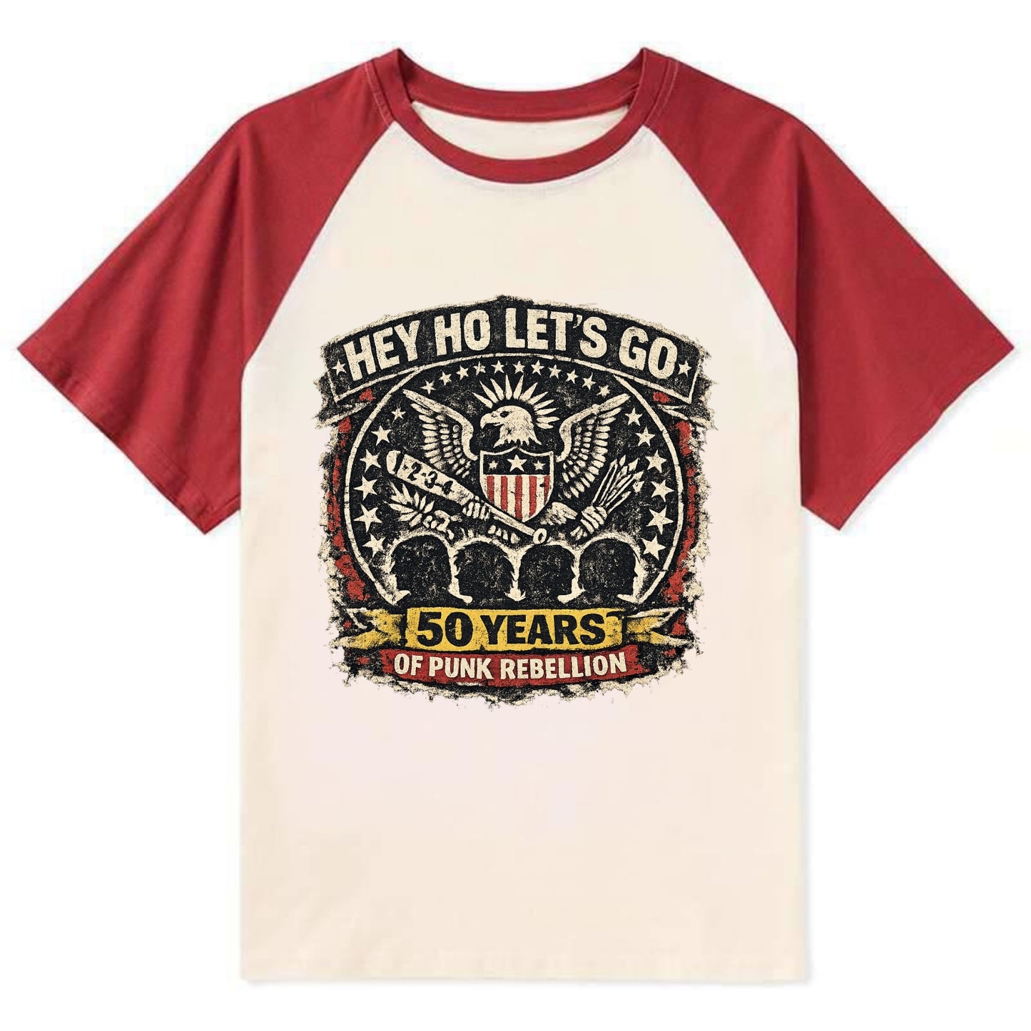RAMONES LEGACY | Hey Ho Let's Go typography | Presidential seal parody | - Contrast Raglan T-shirt - Red