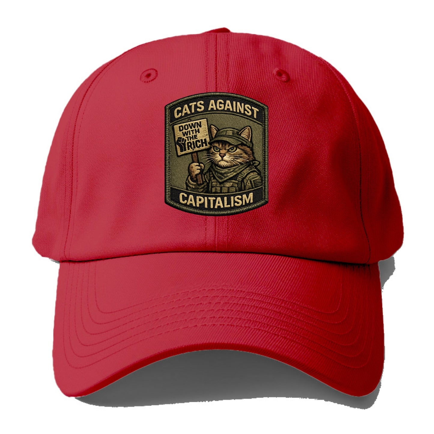 CATS AGAINST CAPITALISM - cat with protest sign in red , political cat - Baseball Cap - Red