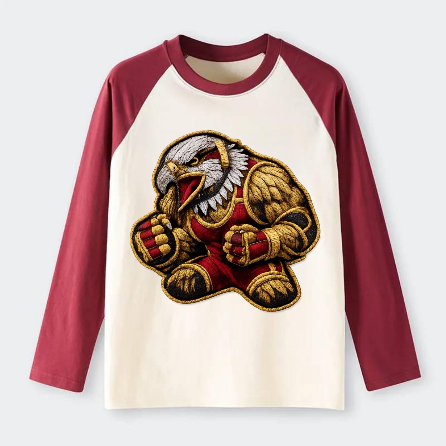 Embroidered patch design - WRESTLING EAGLE - fierce eagle with - Raglan Long Sleeve T-Shirt - Red