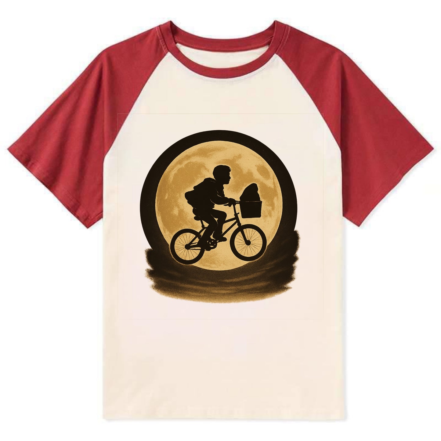boy with bicycle flying across full moon with silhouette - Contrast Raglan T-shirt - Red