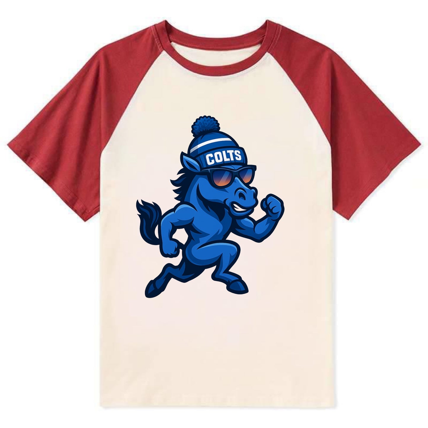 Indianapolis Colt Horse wearing Colts blue and white beanie with pom pom - Contrast Raglan T-shirt - Red
