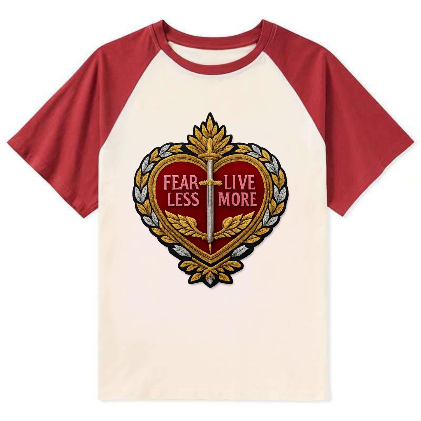 FEAR LESS LIVE MORE - heart with text in red , courage - Contrast Raglan T-shirt - Red