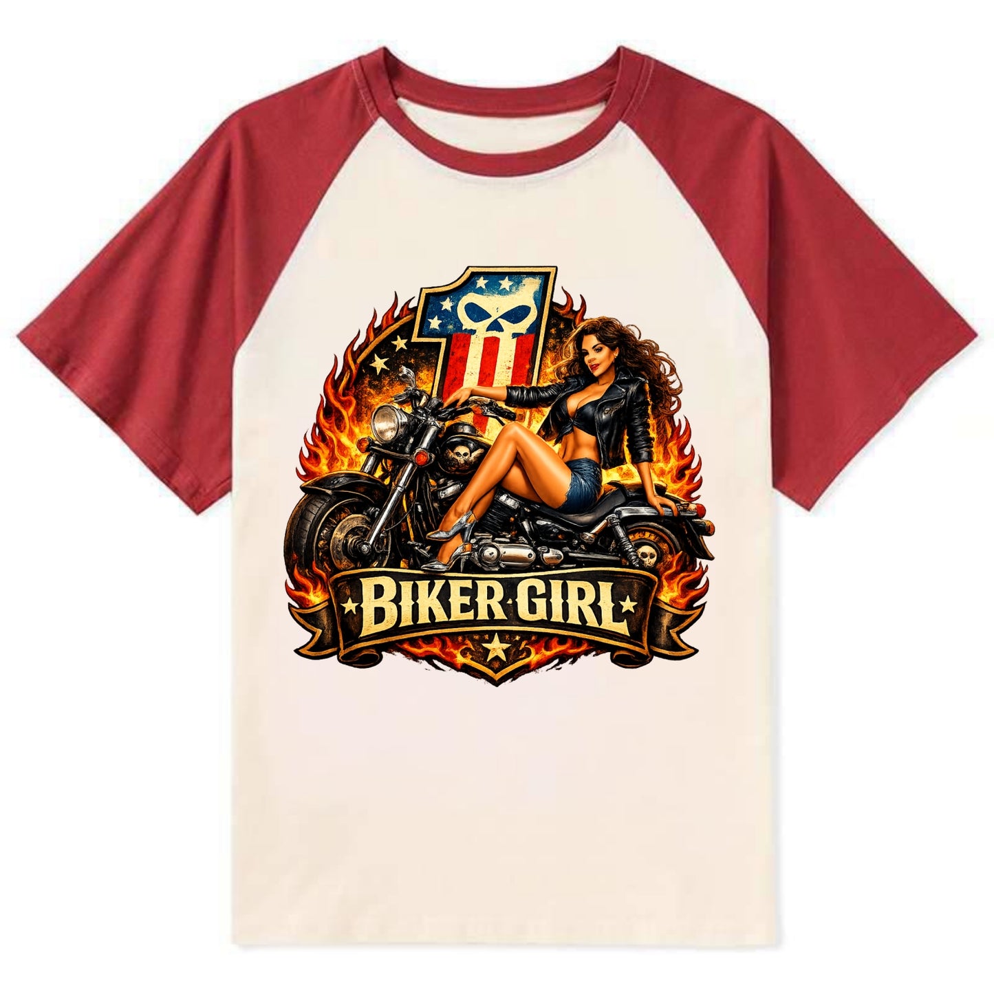 Vintage Biker Pin Up - Contrast Raglan T-shirt - Red