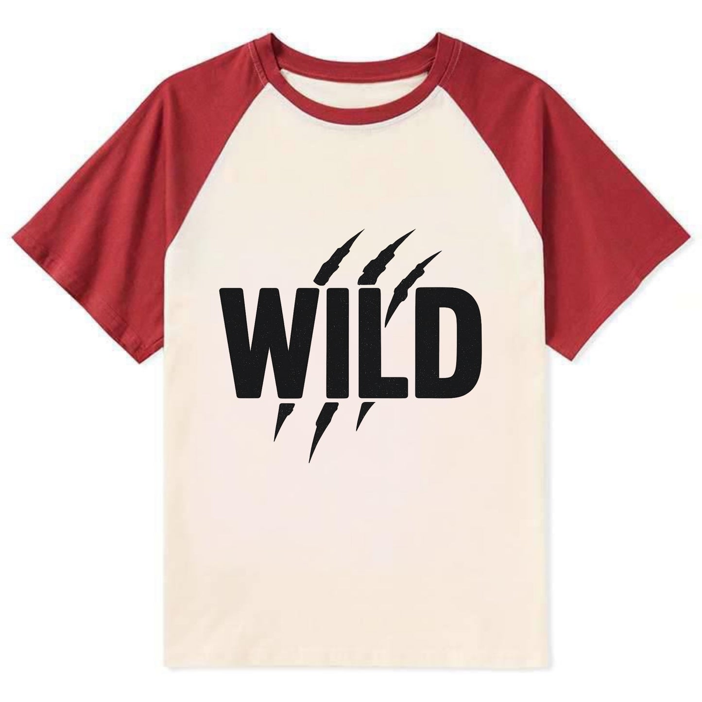 Bold typography design - "WILD" - untamed, natural, free - Contrast Raglan T-shirt - Red