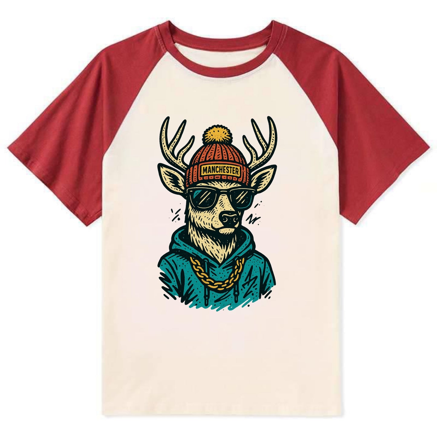 New Hampshire White-tailed Deer wearing Manchester beanie with pom pom - Contrast Raglan T-shirt - Red