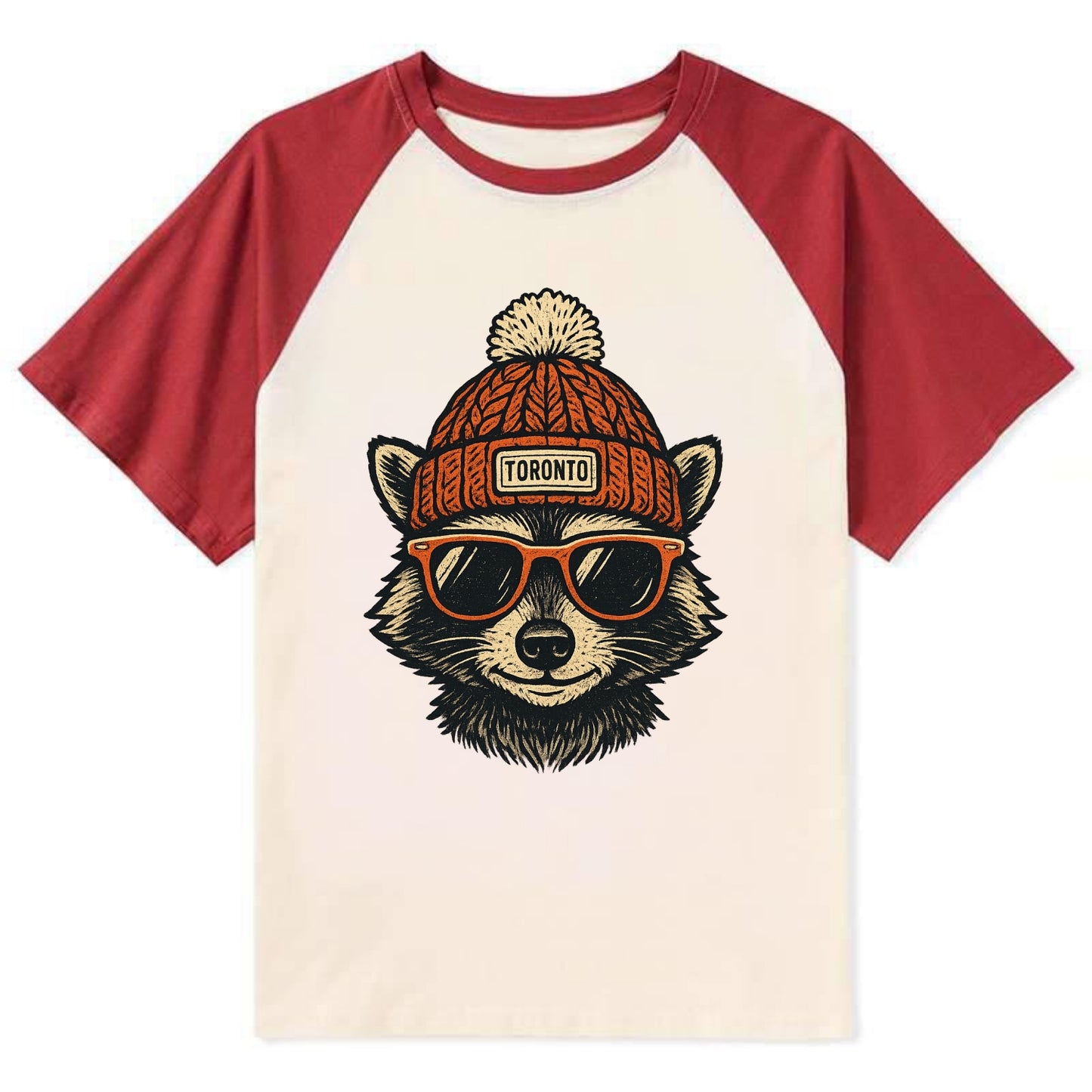 Toronto Raccoon wearing Toronto beanie with pom pom and wayfarer - Contrast Raglan T-shirt - Red