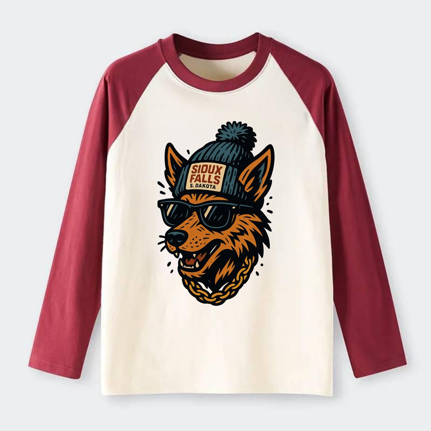 South Dakota Coyote wearing Sioux Falls beanie with pom pom and - Raglan Long Sleeve T-Shirt - Red