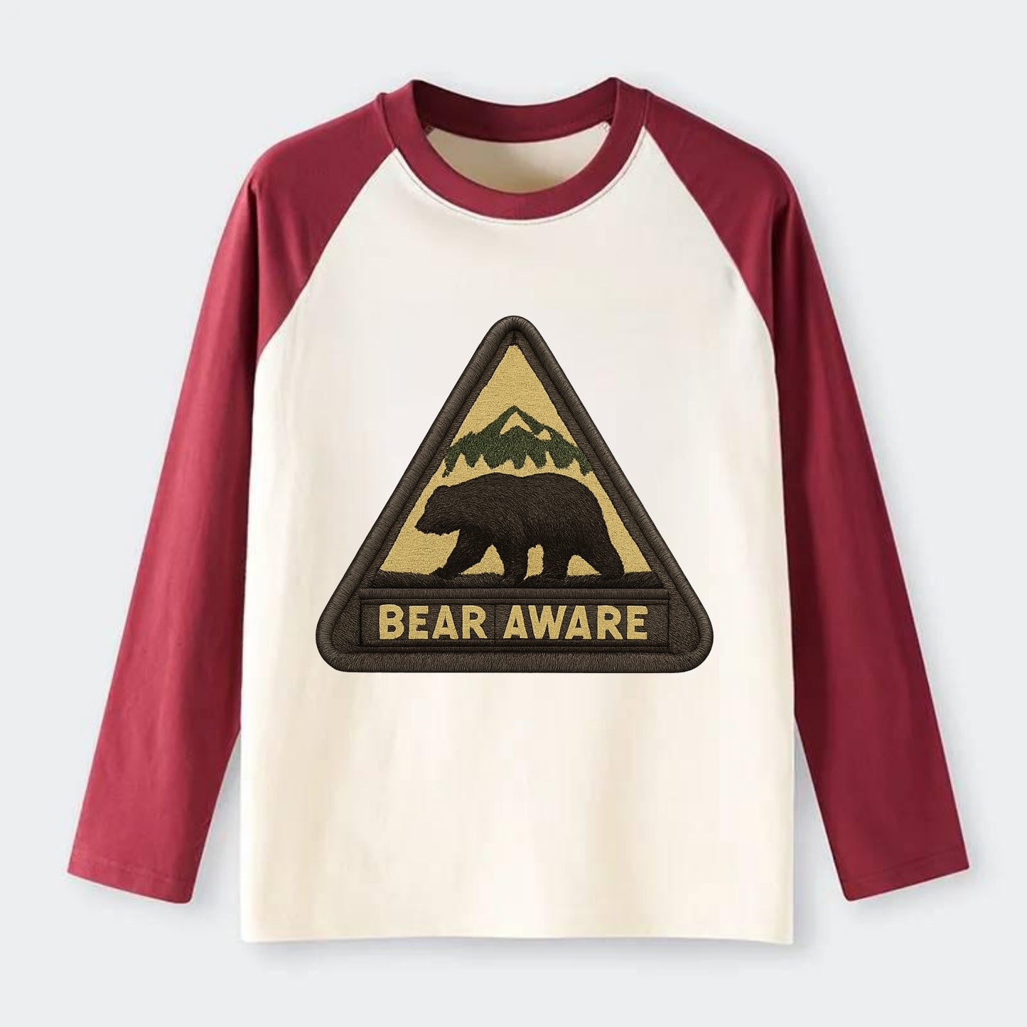 BEAR AWARE - bear silhouette warning in brown and yellow , wilderness - Raglan Long Sleeve T-Shirt - Red