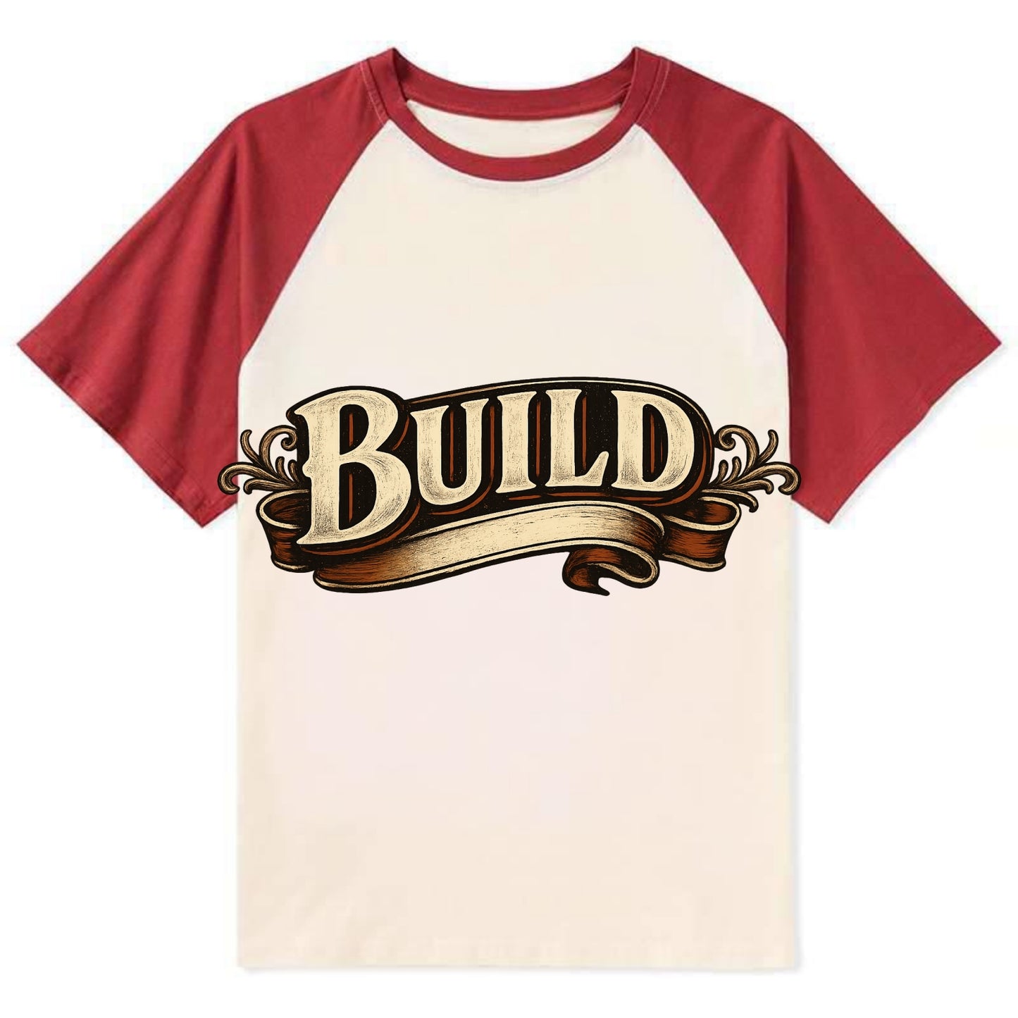 Bold typography design - "BUILD" - constructing, making real - Contrast Raglan T-shirt - Red