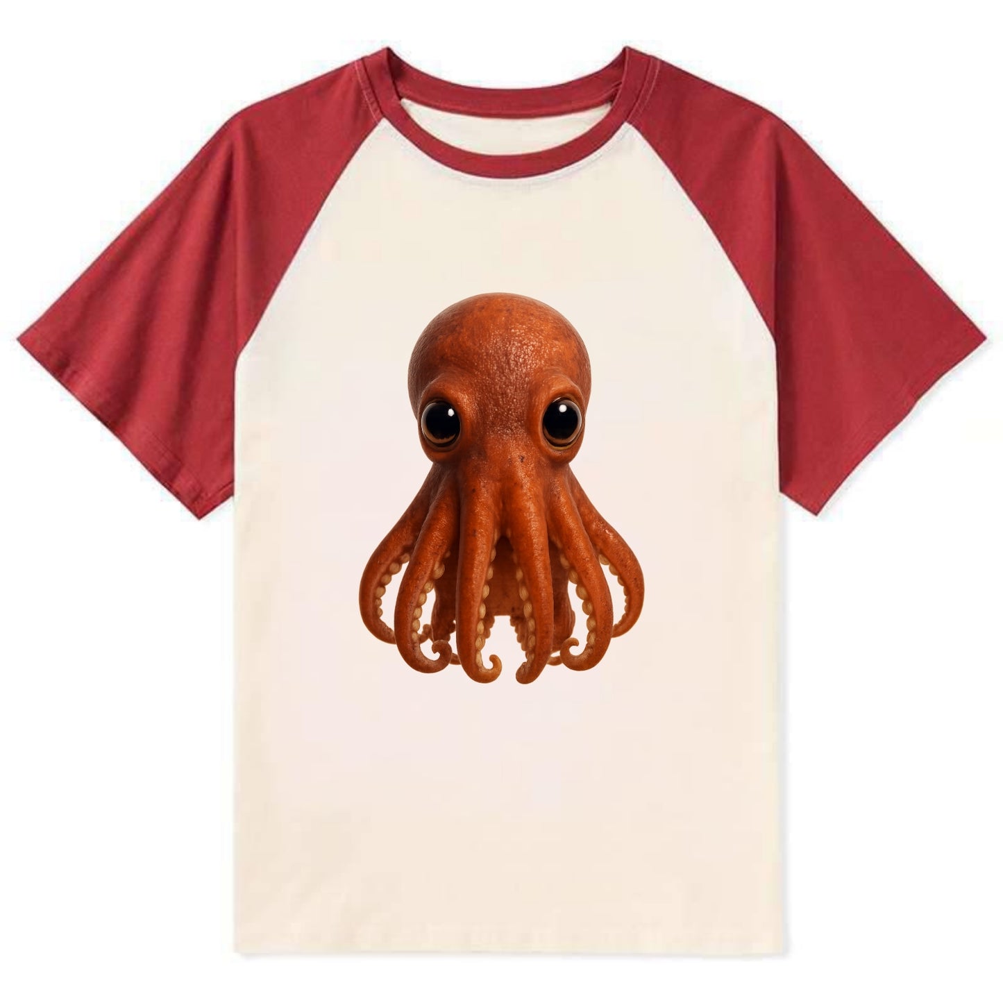 Baby Giant Pacific Octopus - reddish, smaller tentacles, expressive eyes, - Contrast Raglan T-shirt - Red