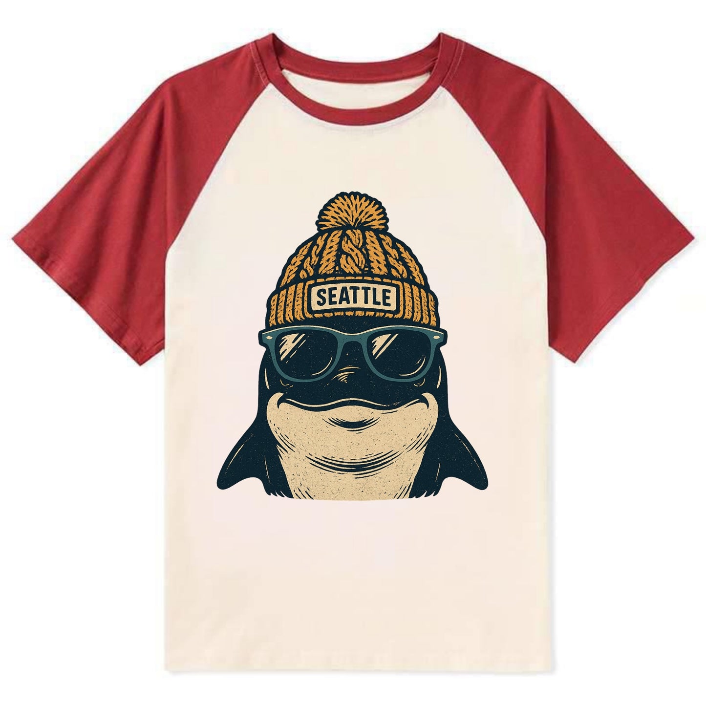 Seattle Orca wearing Seattle beanie with pom pom and wayfarer sunglasses - Contrast Raglan T-shirt - Red