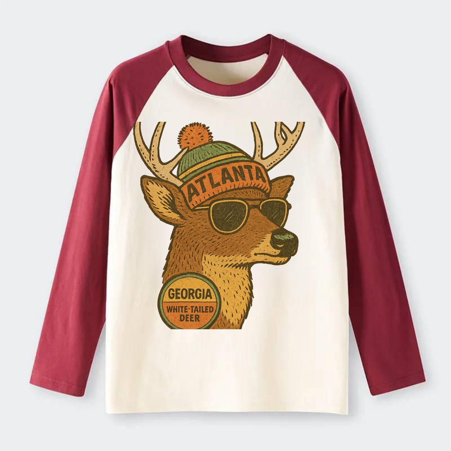 Georgia White-tailed Deer wearing Atlanta beanie with pom pom and - Raglan Long Sleeve T-Shirt - Red
