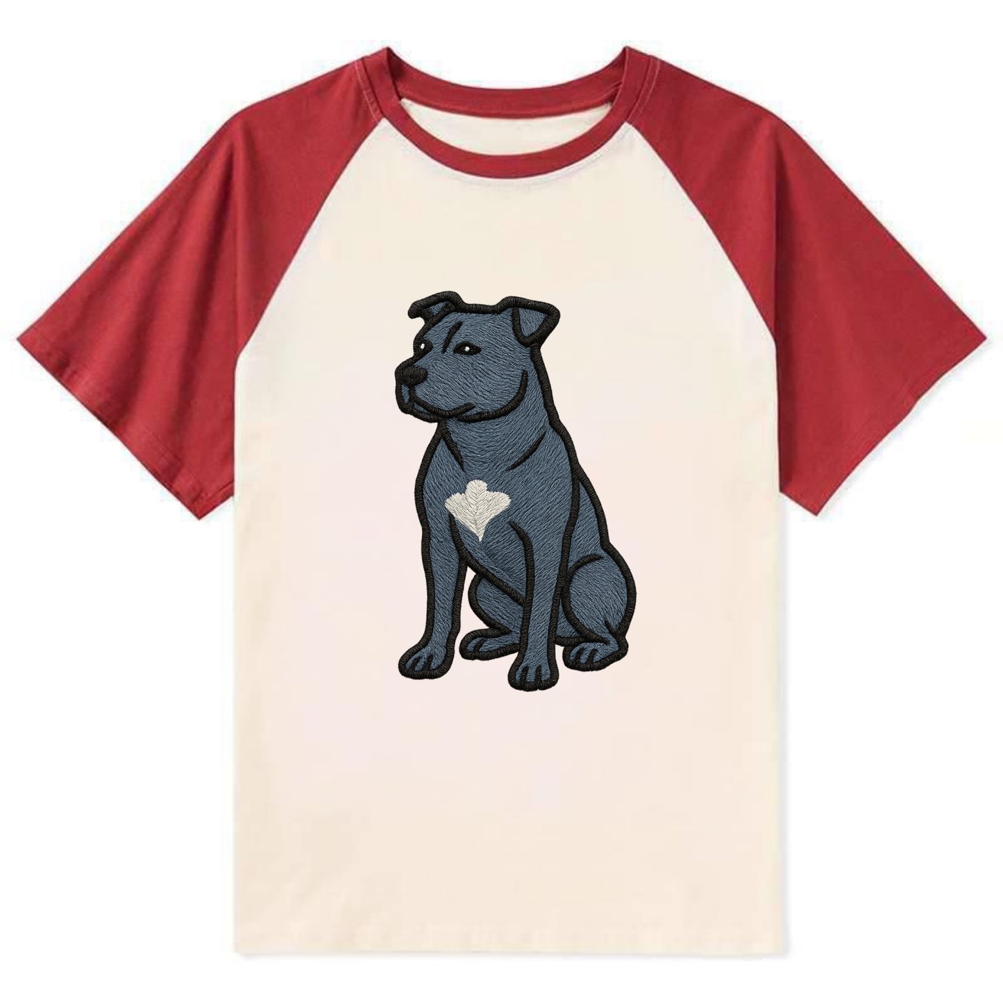 American Staffordshire Terrier - Blue embroidered design - Contrast Raglan T-shirt - Red