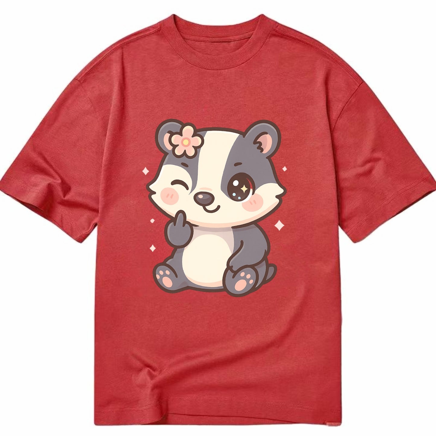 adorable badger with black and white stripes, one paw giving finger - Classic T-shirt - Red