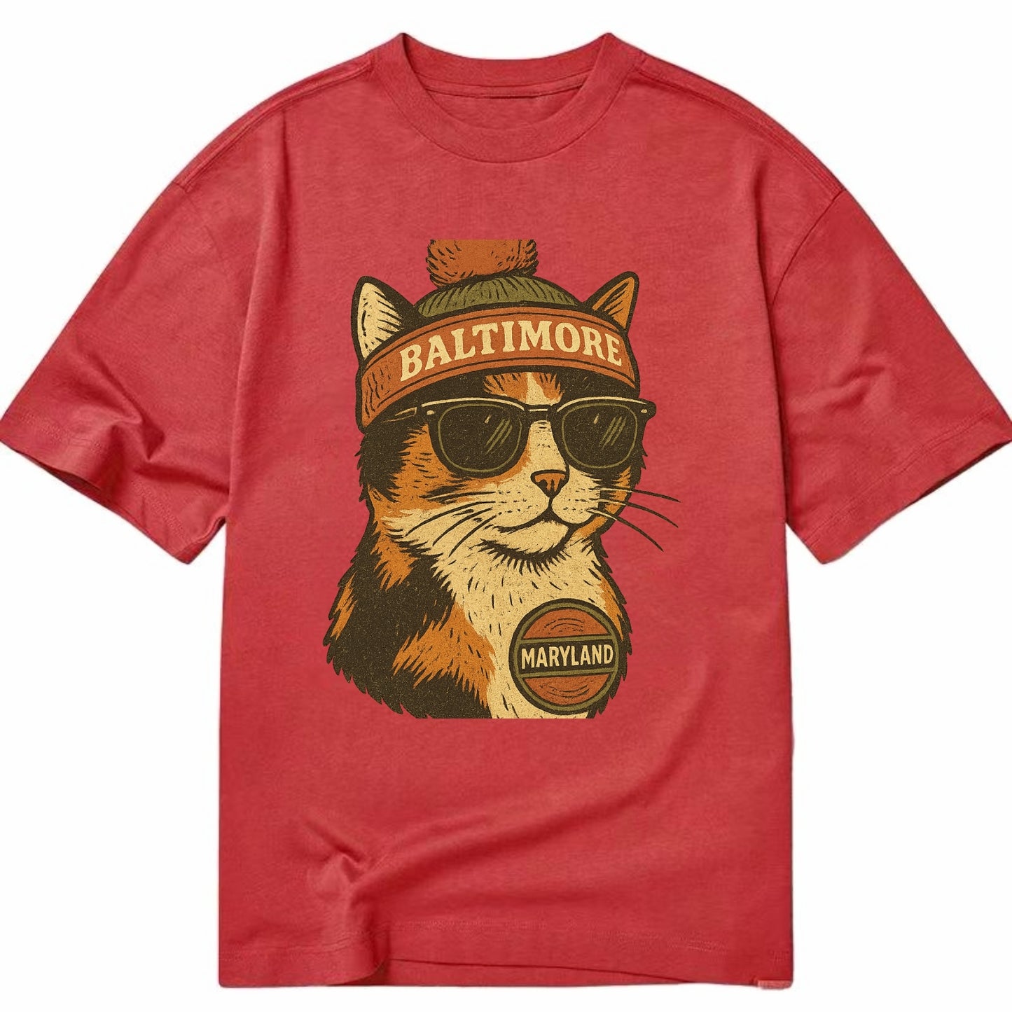Maryland Calico Cat wearing Baltimore beanie with pom pom and wayfarer sunglasses - Classic T-shirt - Red