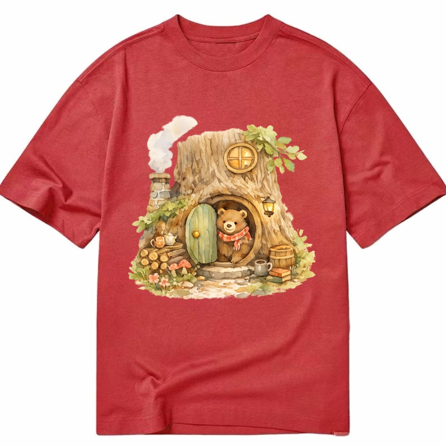 TREE HOME | Bear's home in hollow tree | Round door | Chimney smoke | Woodland - Classic T-shirt - Red