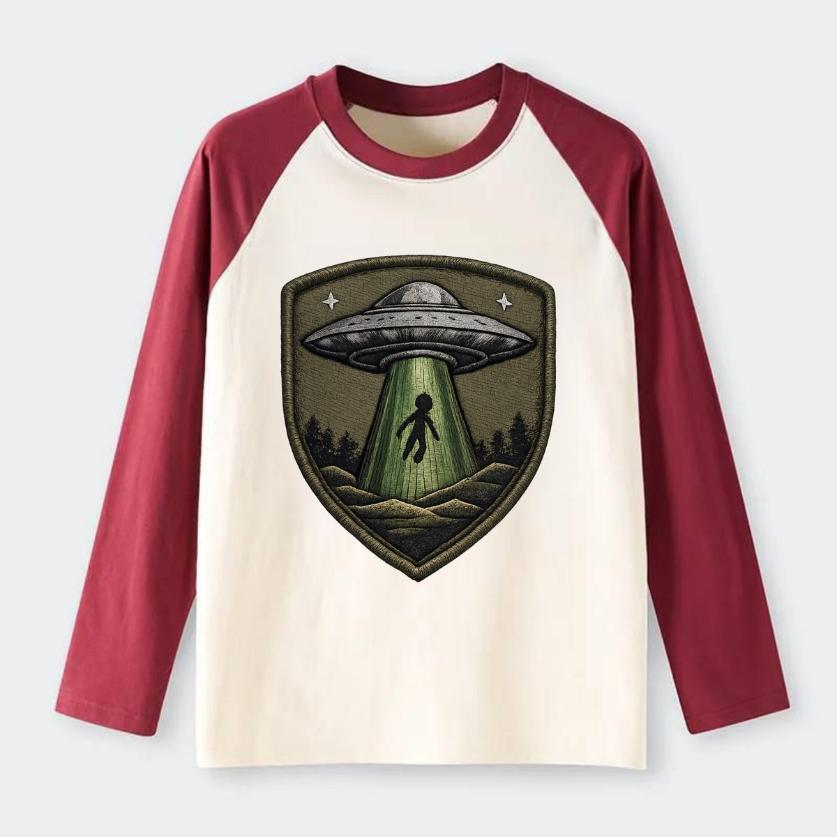 UFO ALIEN - flying saucer with beam in silver and green , - Raglan Long Sleeve T-Shirt - Red