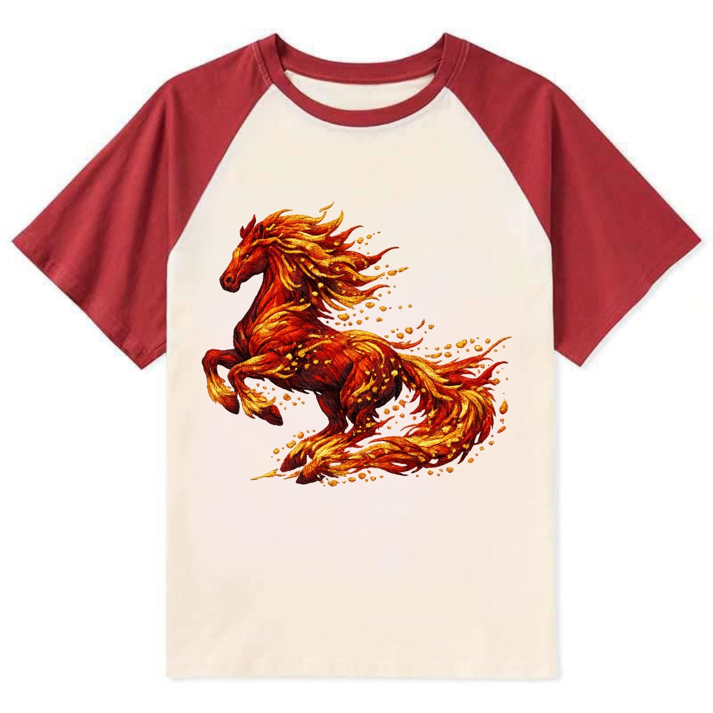 EMBER RISING | Sparks forming into horse shape | Particles of fire | - Contrast Raglan T-shirt - Red