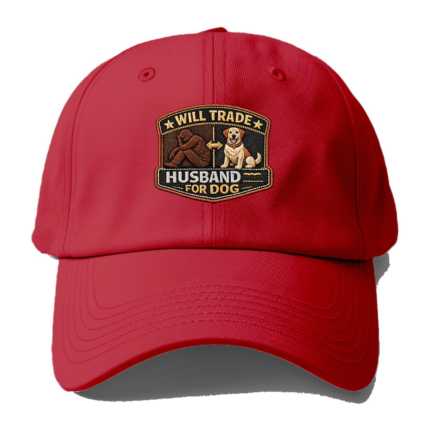 WILL TRADE HUSBAND FOR DOG - dog and man silhouette in brown , pet priority - Baseball Cap - Red