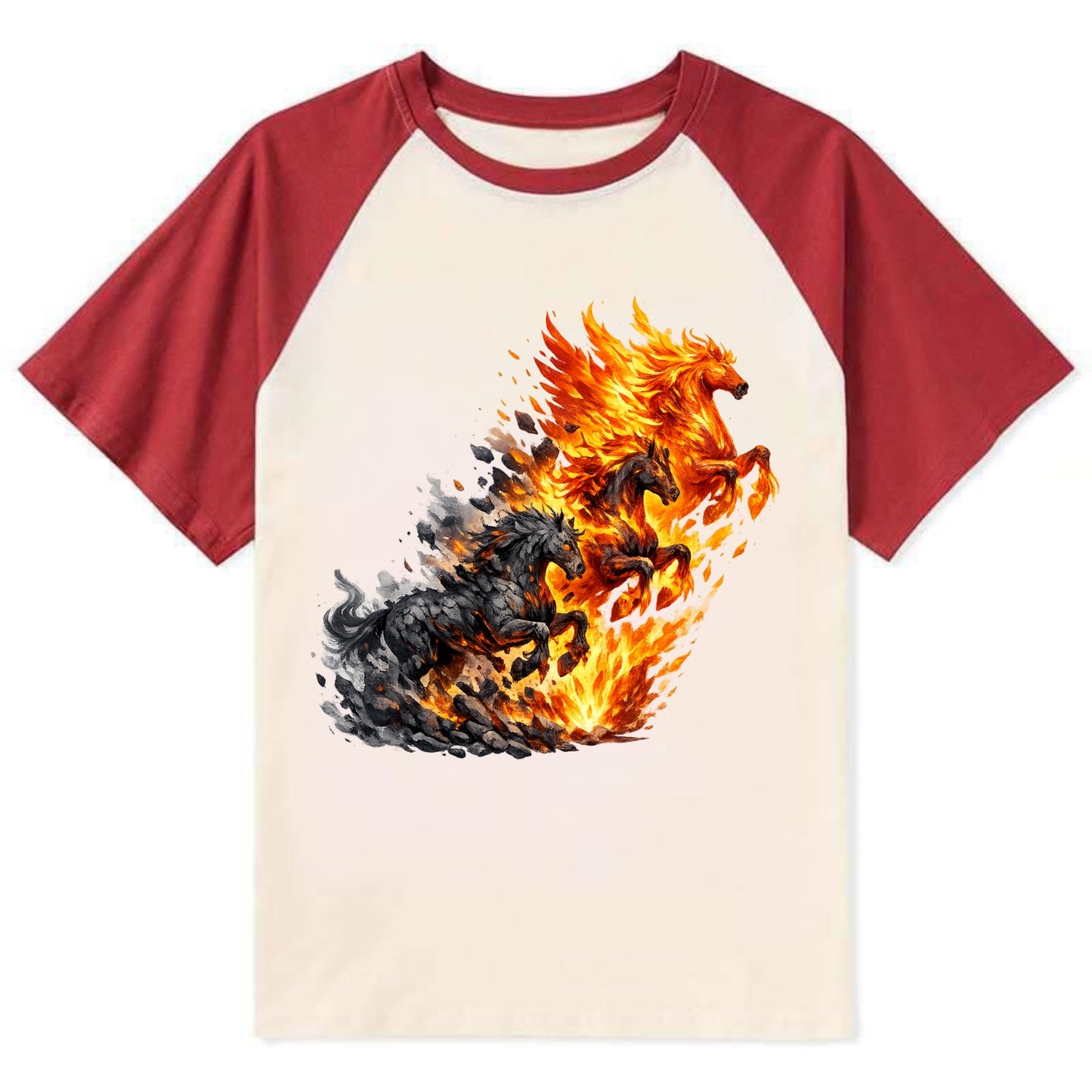 INFERNO STALLION | Horse made entirely of living flames | Blazing mane - Contrast Raglan T-shirt - Red