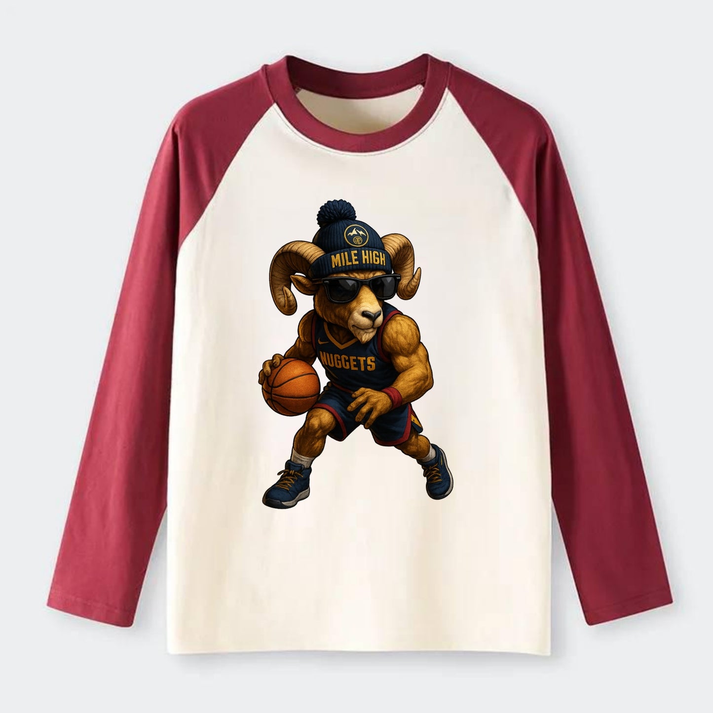 Mile High Bighorn wearing Nuggets beanie with mountain patch and - Raglan Long Sleeve T-Shirt - Red