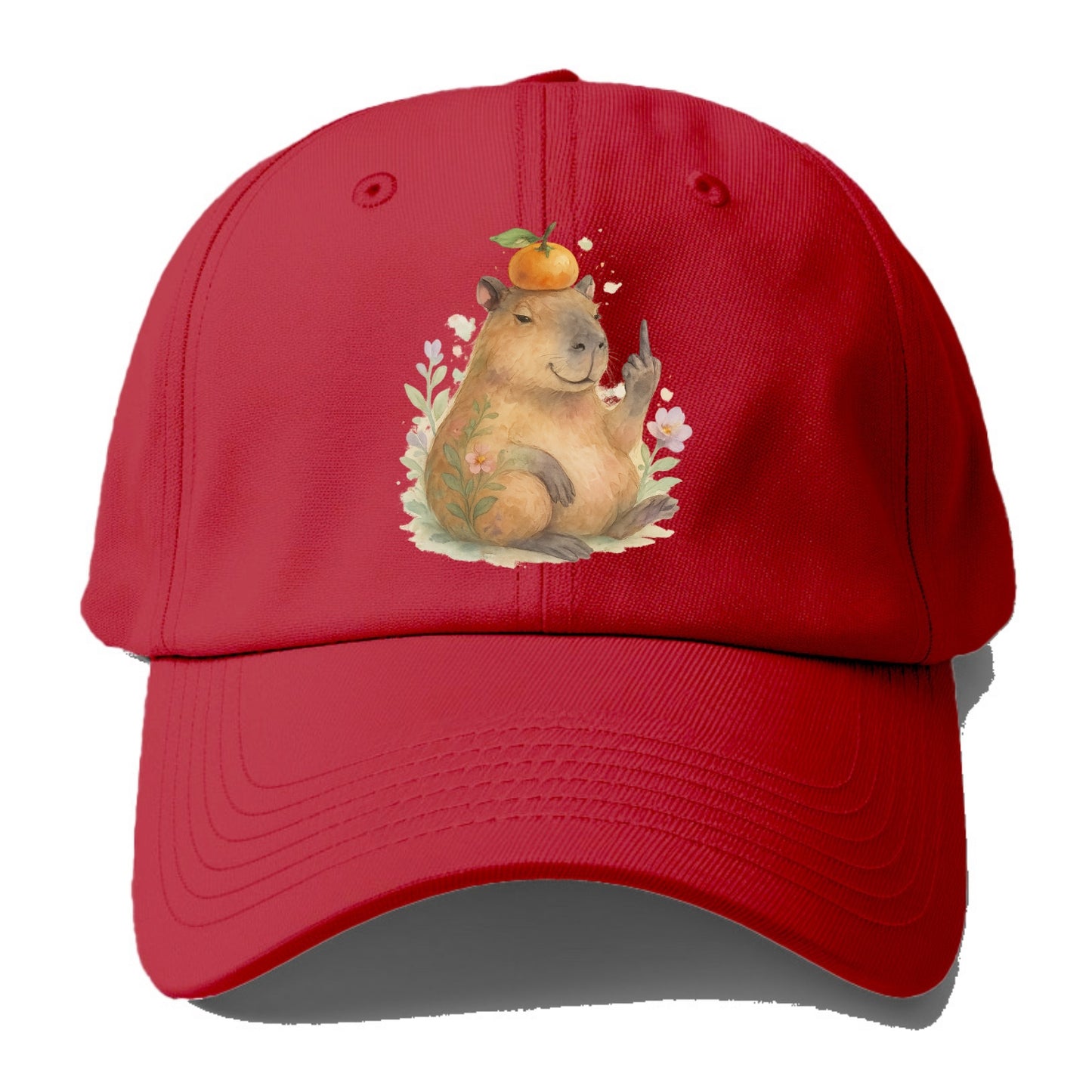 chonky capybara relaxing with orange on head, one webbed middle finger up - Baseball Cap - Red