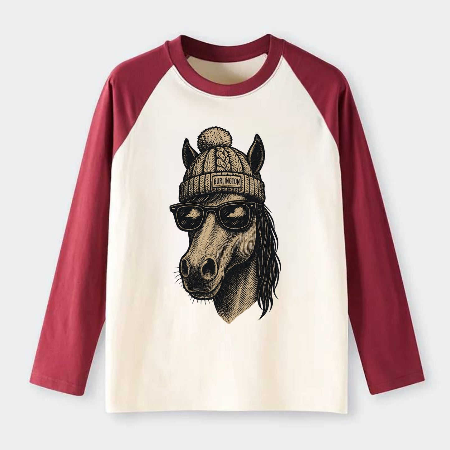 Vermont Morgan Horse wearing Burlington beanie with pom pom and - Raglan Long Sleeve T-Shirt - Red