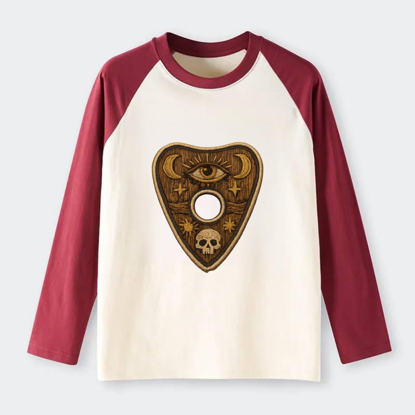 OUIJA PLANCHETTE - spirit board pointer in wood and gold , seance - Raglan Long Sleeve T-Shirt - Red