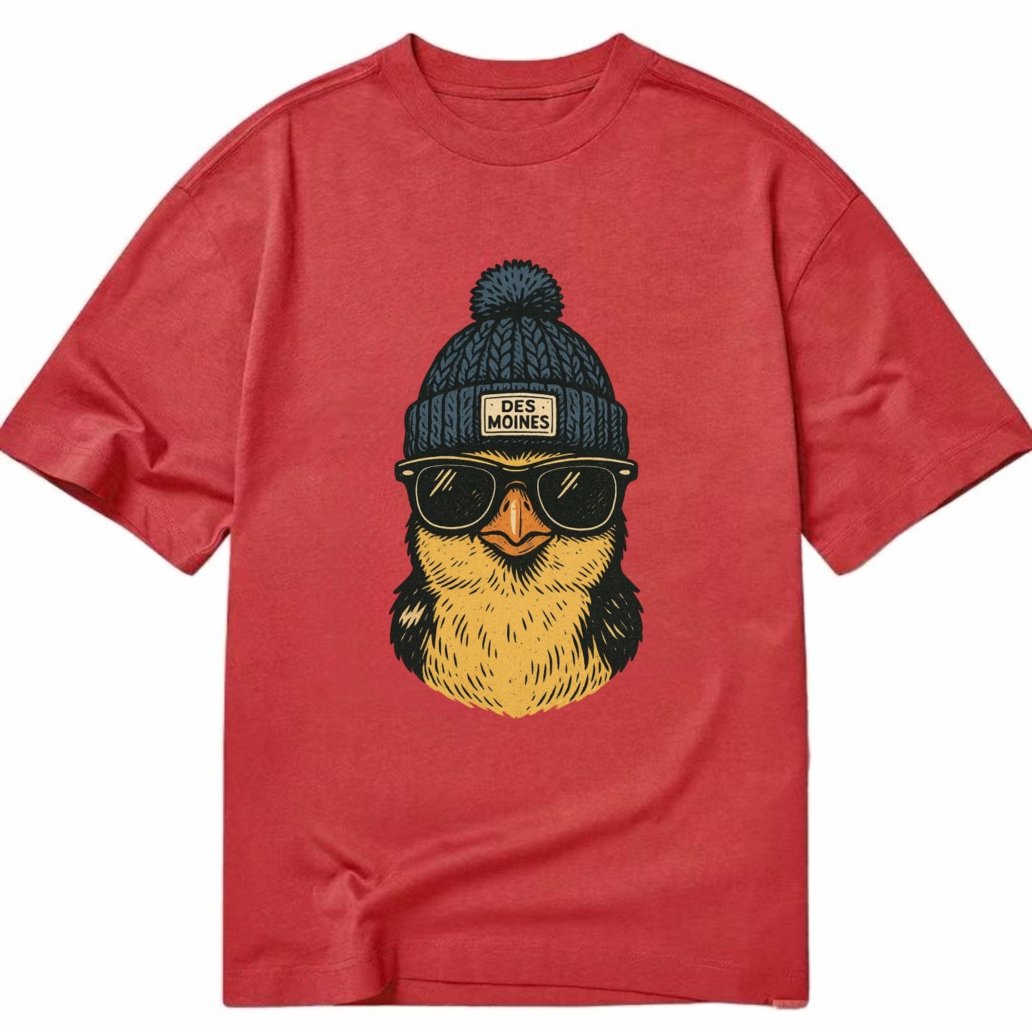 Iowa Goldfinch wearing Des Moines beanie with pom pom and wayfarer sunglasses - Classic T-shirt - Red