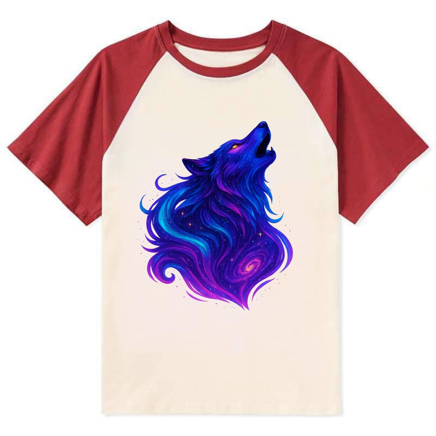 Noble wolf with flowing fur that transforms into aurora borealis streams, - Contrast Raglan T-shirt - Red