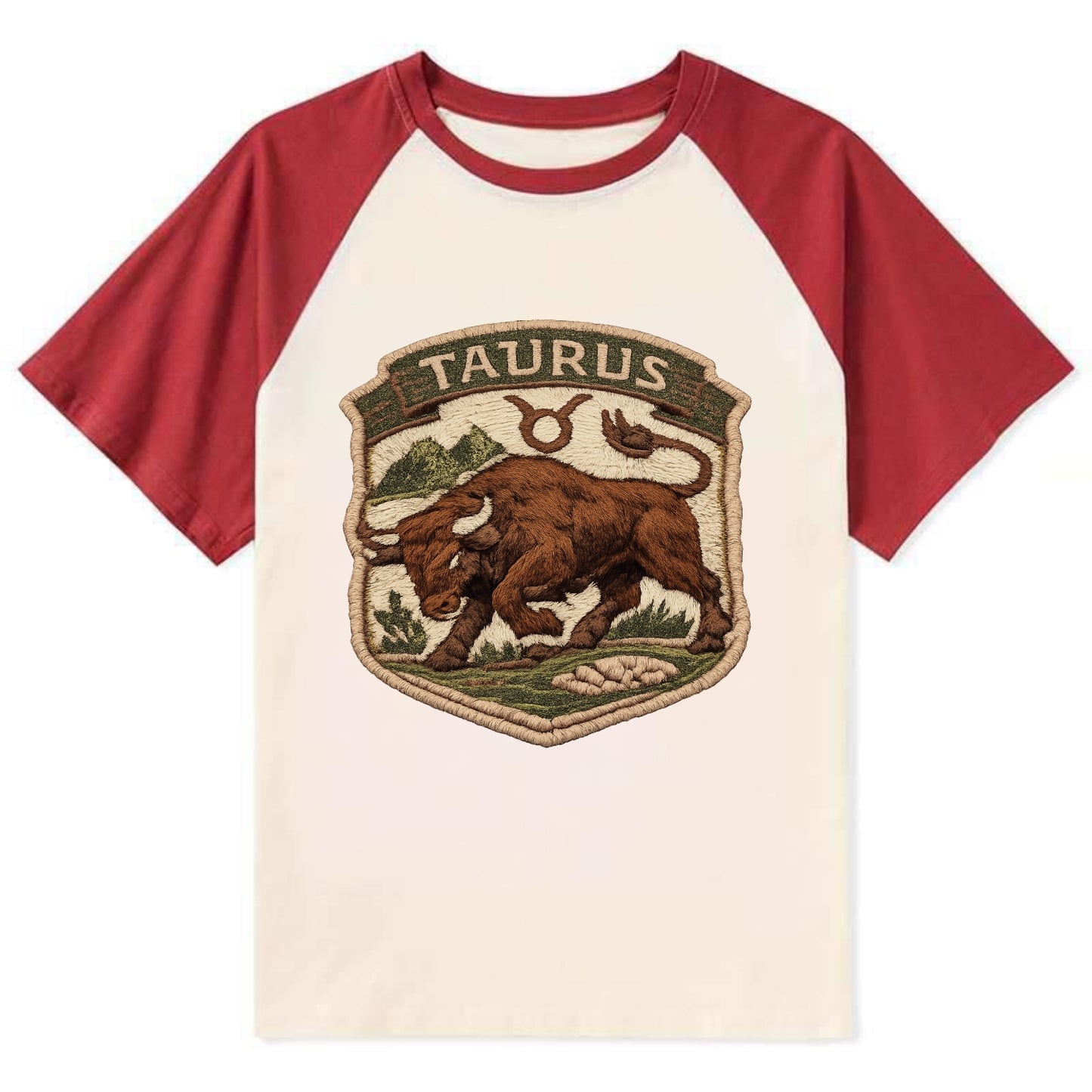 TAURUS BULL - strong bull in brown and green , earth sign - Contrast Raglan T-shirt - Red