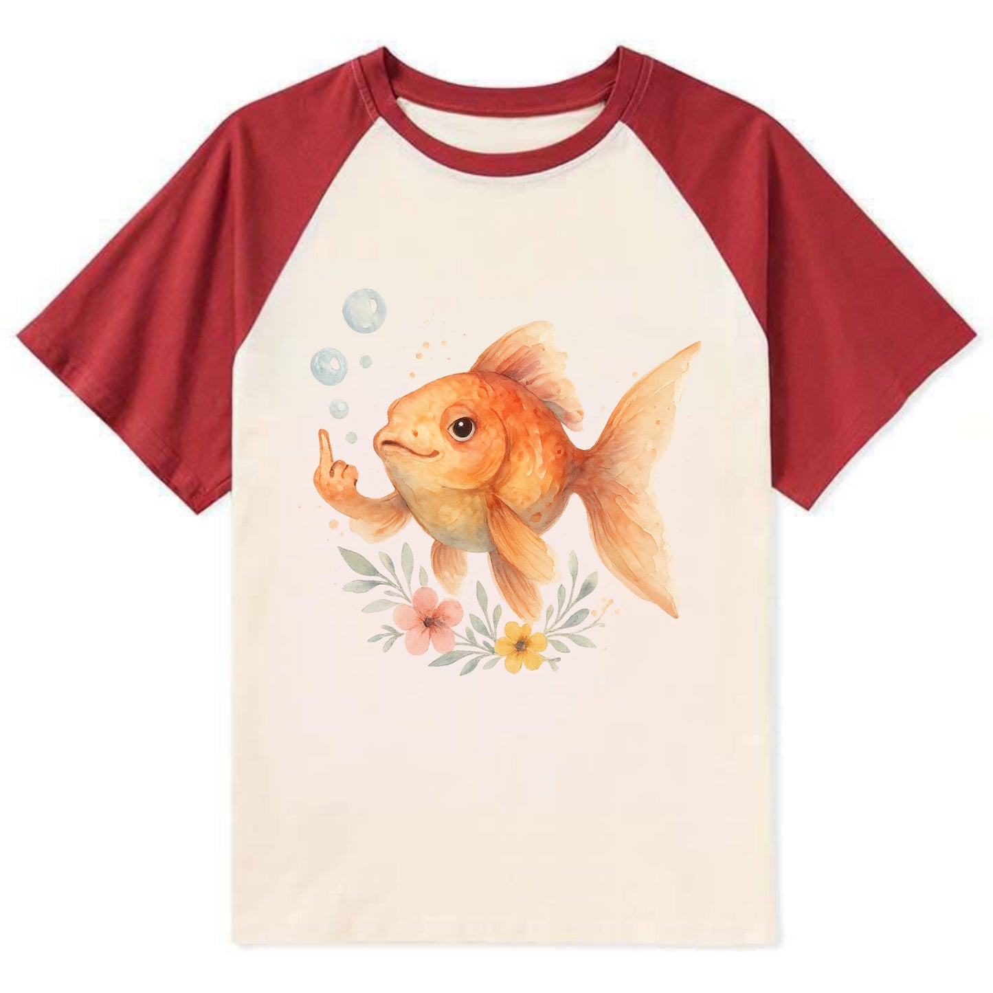 chubby goldfish blowing bubbles, one fin extended like middle finger - Contrast Raglan T-shirt - Red