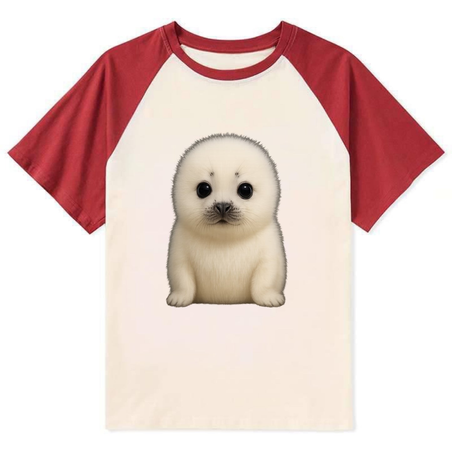 Baby Harp Seal - pure white fluffy fur, enormous dark eyes, front-facing, - Contrast Raglan T-shirt - Red