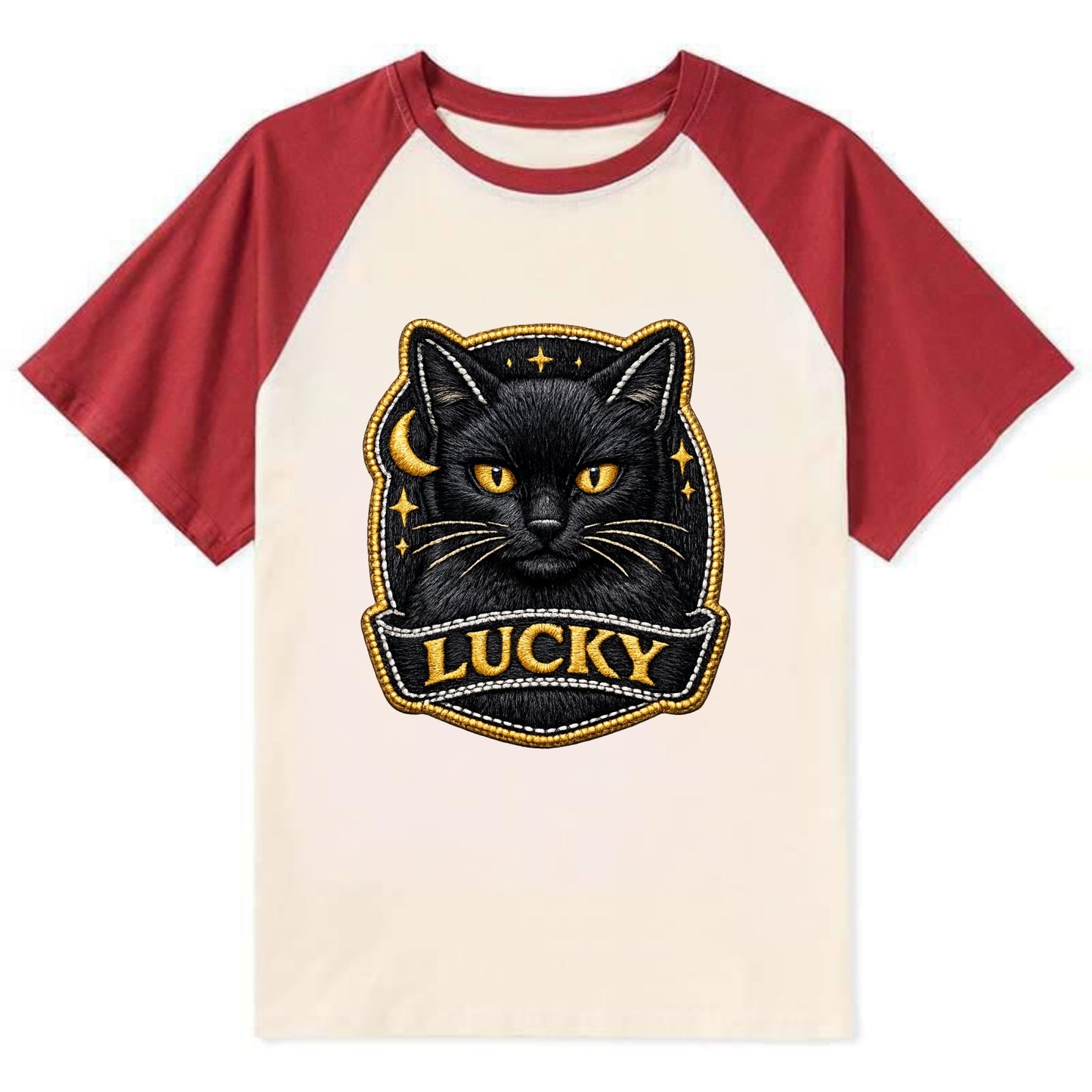 BLACK CAT LUCKY - sleek black cat with gold eyes in black , mysterious - Contrast Raglan T-shirt - Red