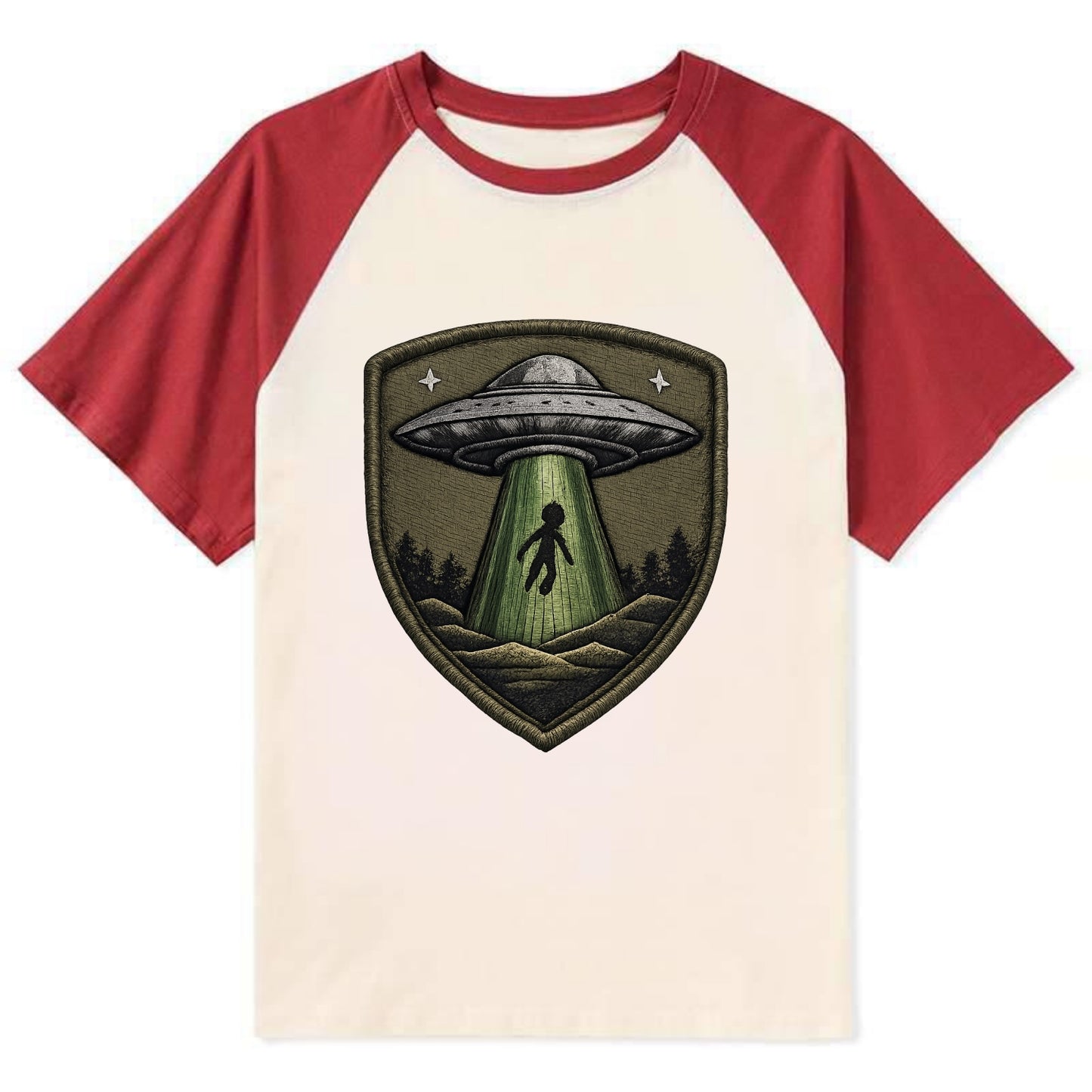 UFO ALIEN - flying saucer with beam in silver and green , extraterrestrial - Contrast Raglan T-shirt - Red