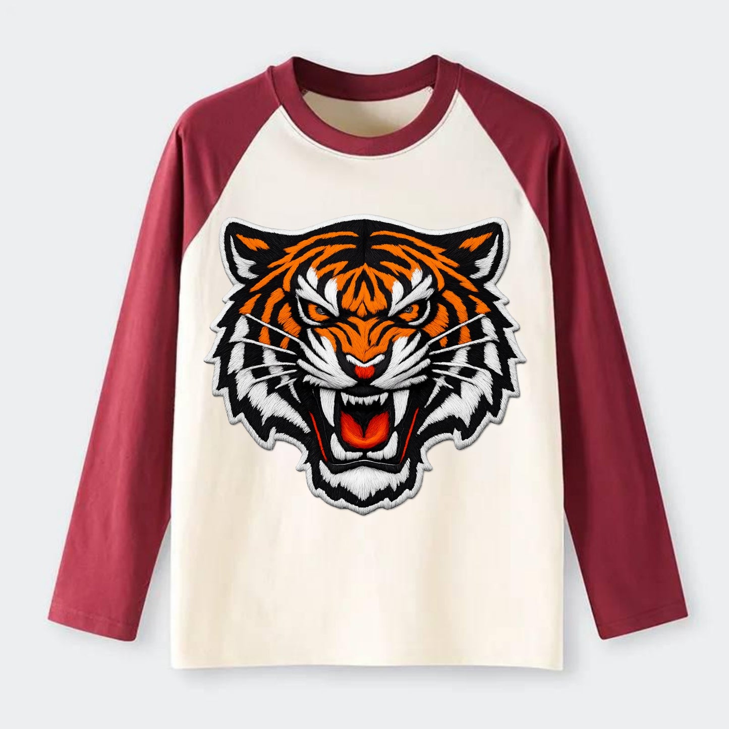 TIGER STRIPES FACE - fierce tiger face in orange, black and white , - Raglan Long Sleeve T-Shirt - Red