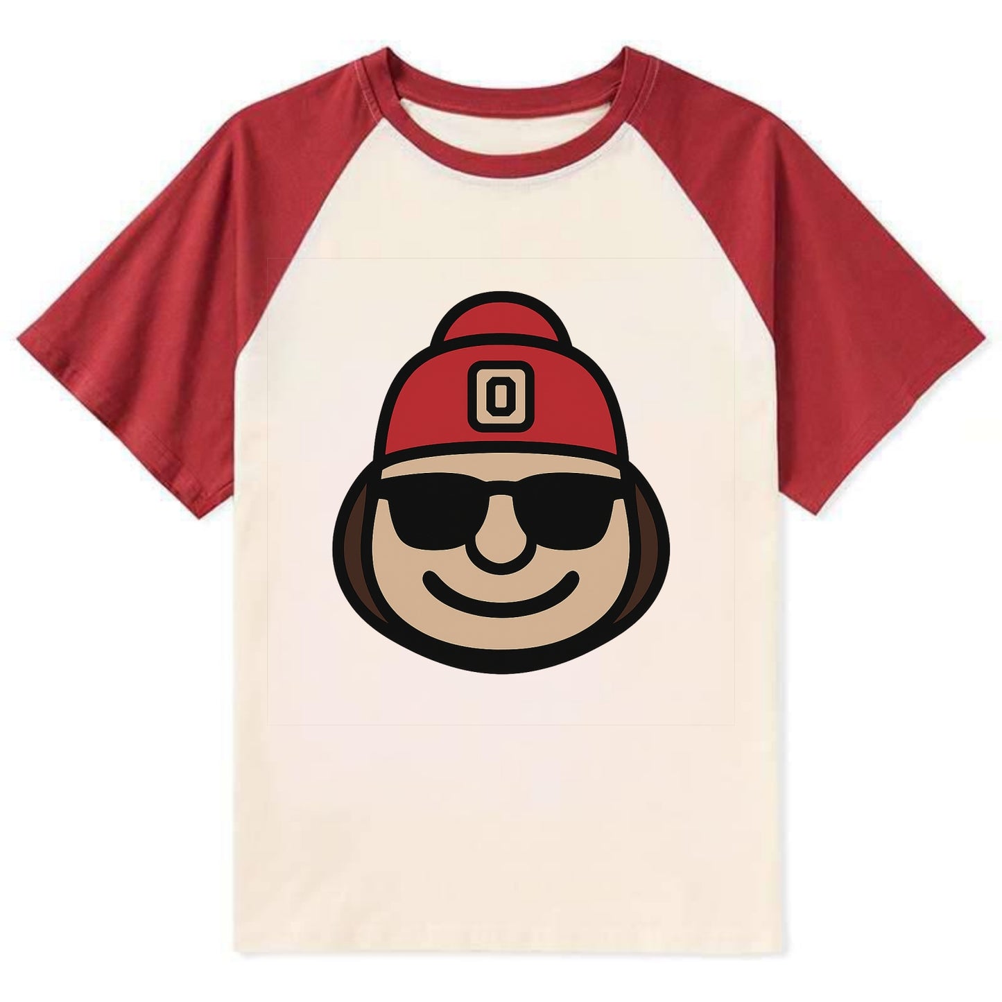 Columbus Brutus wearing Ohio State beanie with Block O patch - Contrast Raglan T-shirt - Red