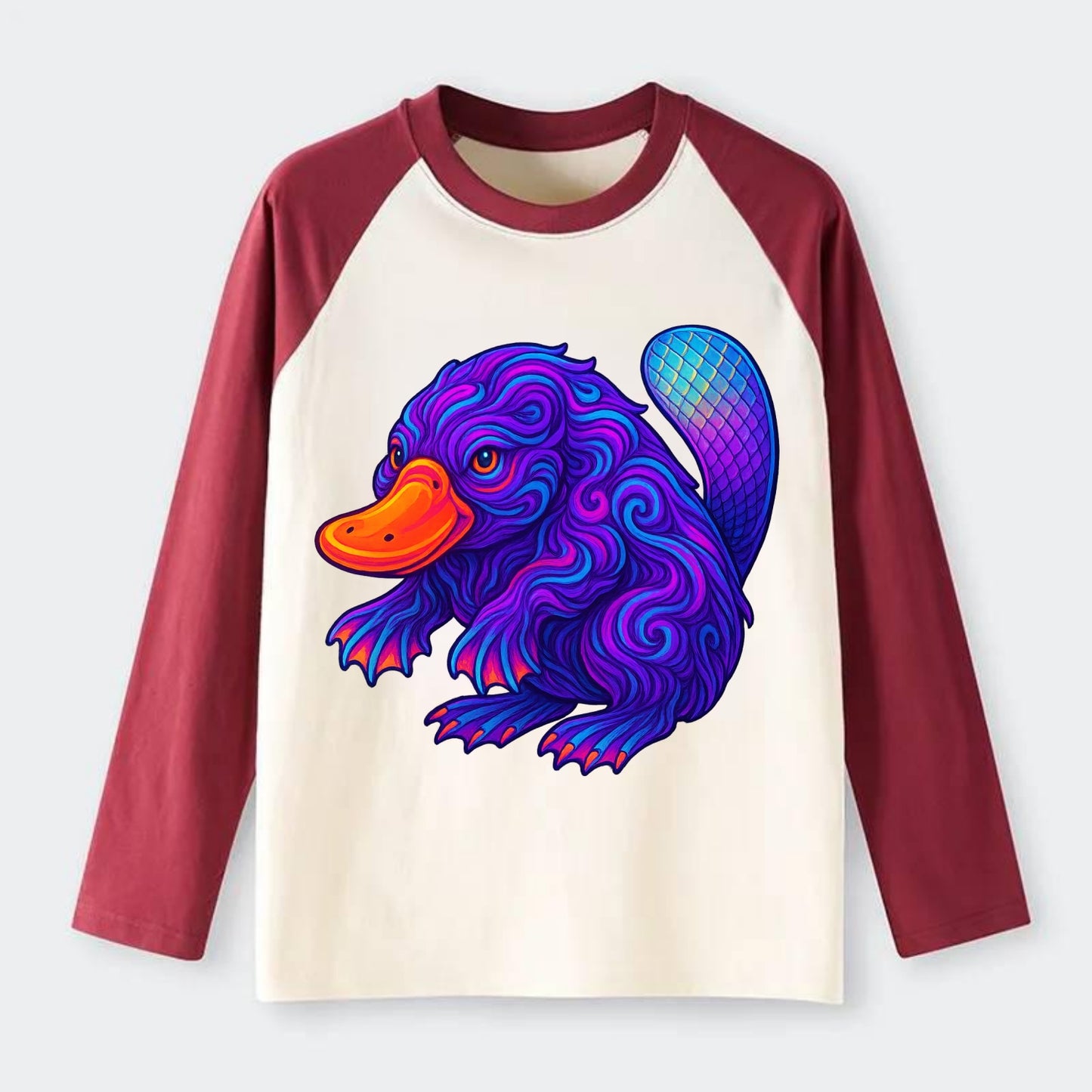 Quirky platypus with bill glowing in neon orange, beaver tail with - Raglan Long Sleeve T-Shirt - Red