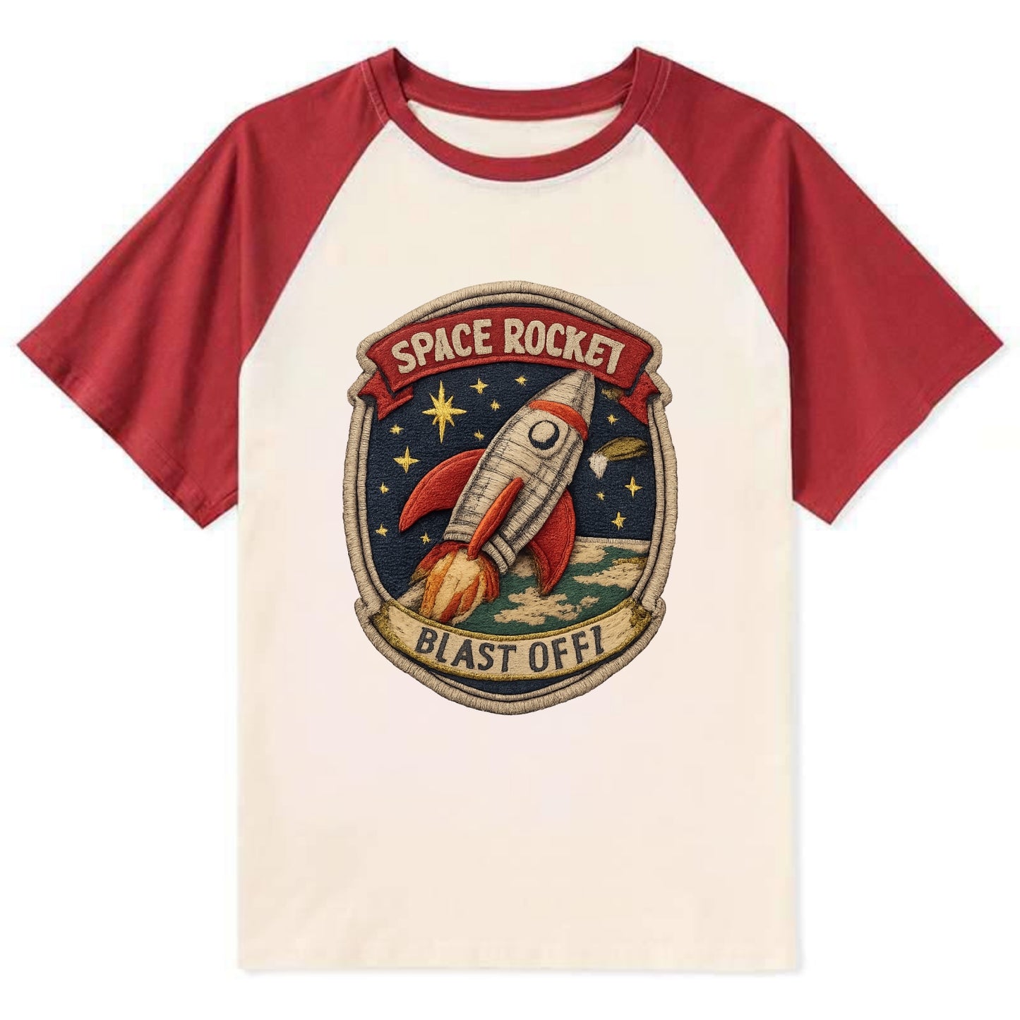 RETRO ROCKET - 1950s space rocket in silver and red , atomic age - Contrast Raglan T-shirt - Red