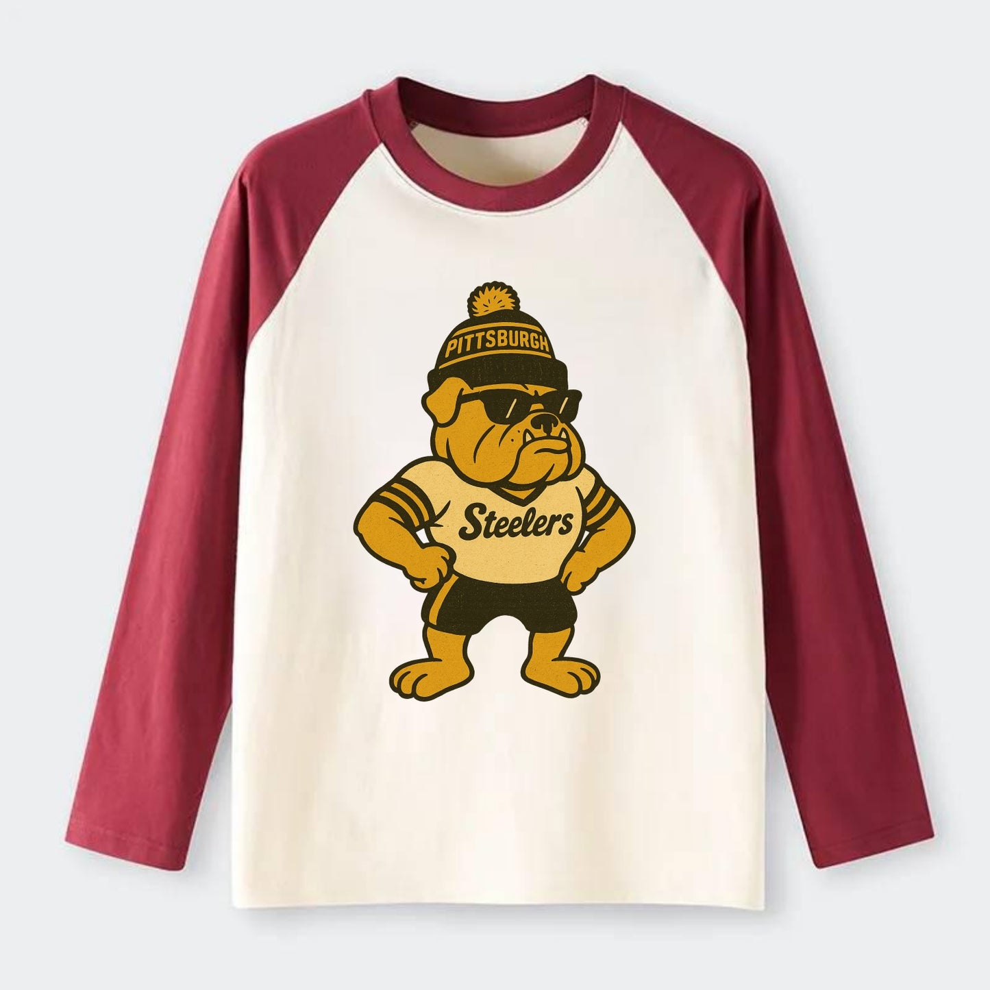 Pittsburgh Bulldog wearing Steelers black and gold beanie with pom pom - Raglan Long Sleeve T-Shirt - Red